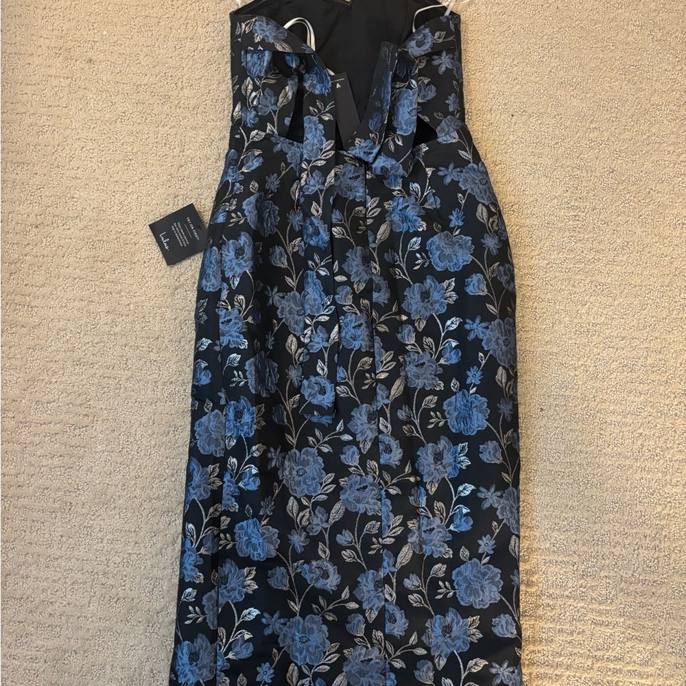 Lulus Beloved Belle Black Multi Jacquard Strapless Bow back Midi Dress - Picture 3 of 4